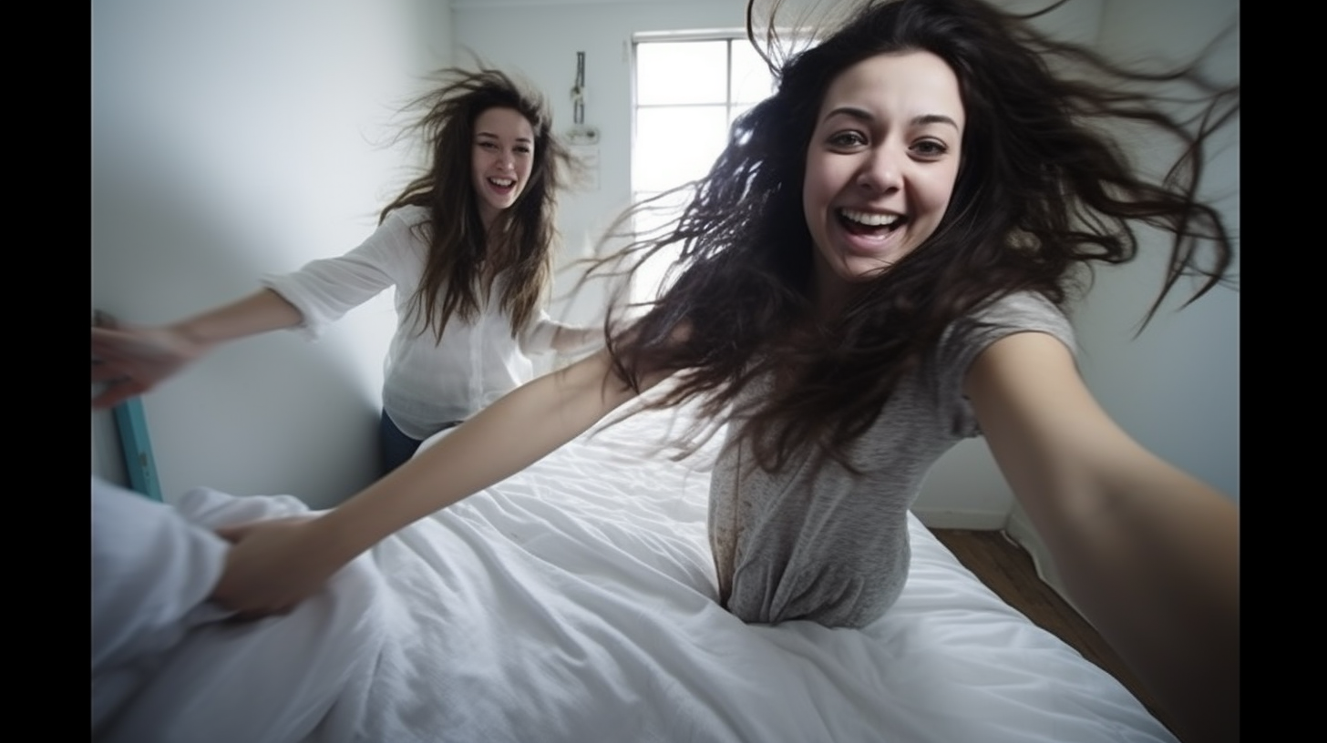 Two happy women having fun in a messy bedroom