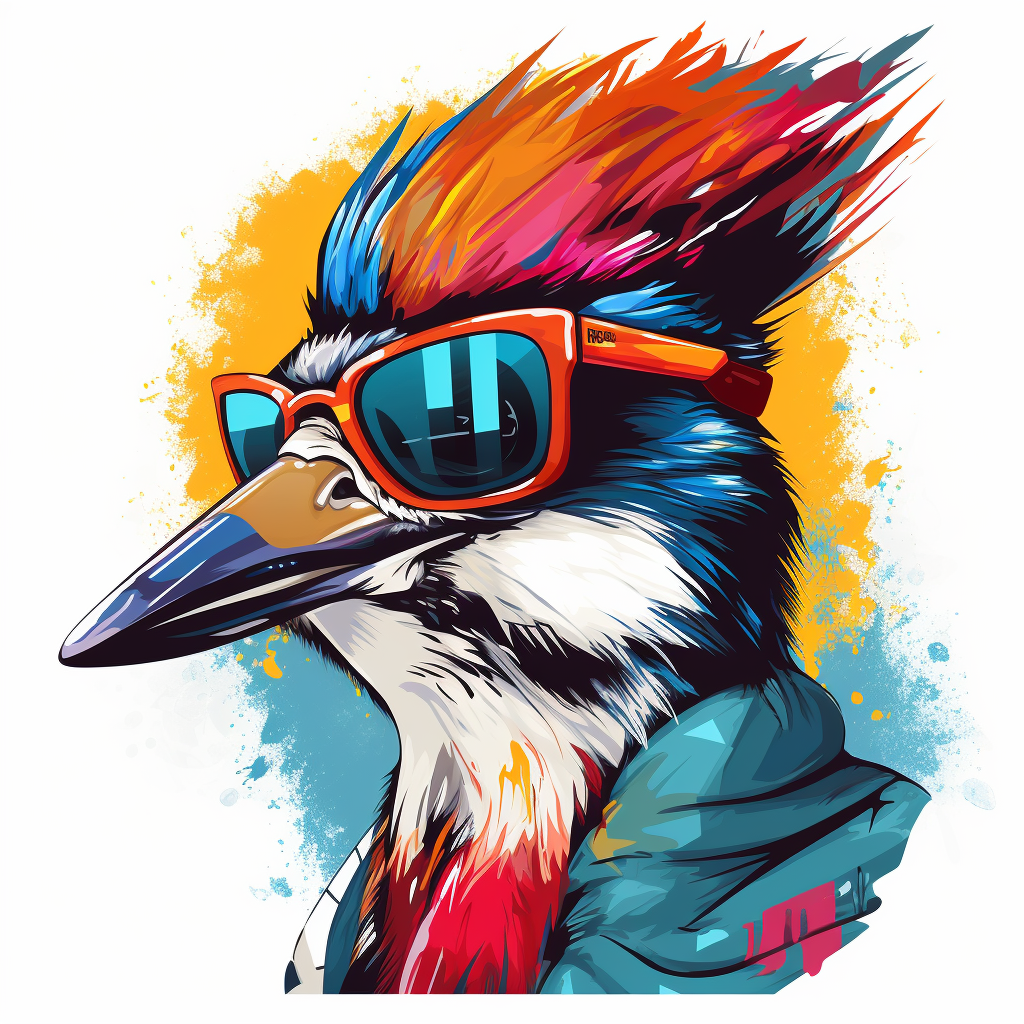 Colorful woodpecker wearing sunglasses on a white background.