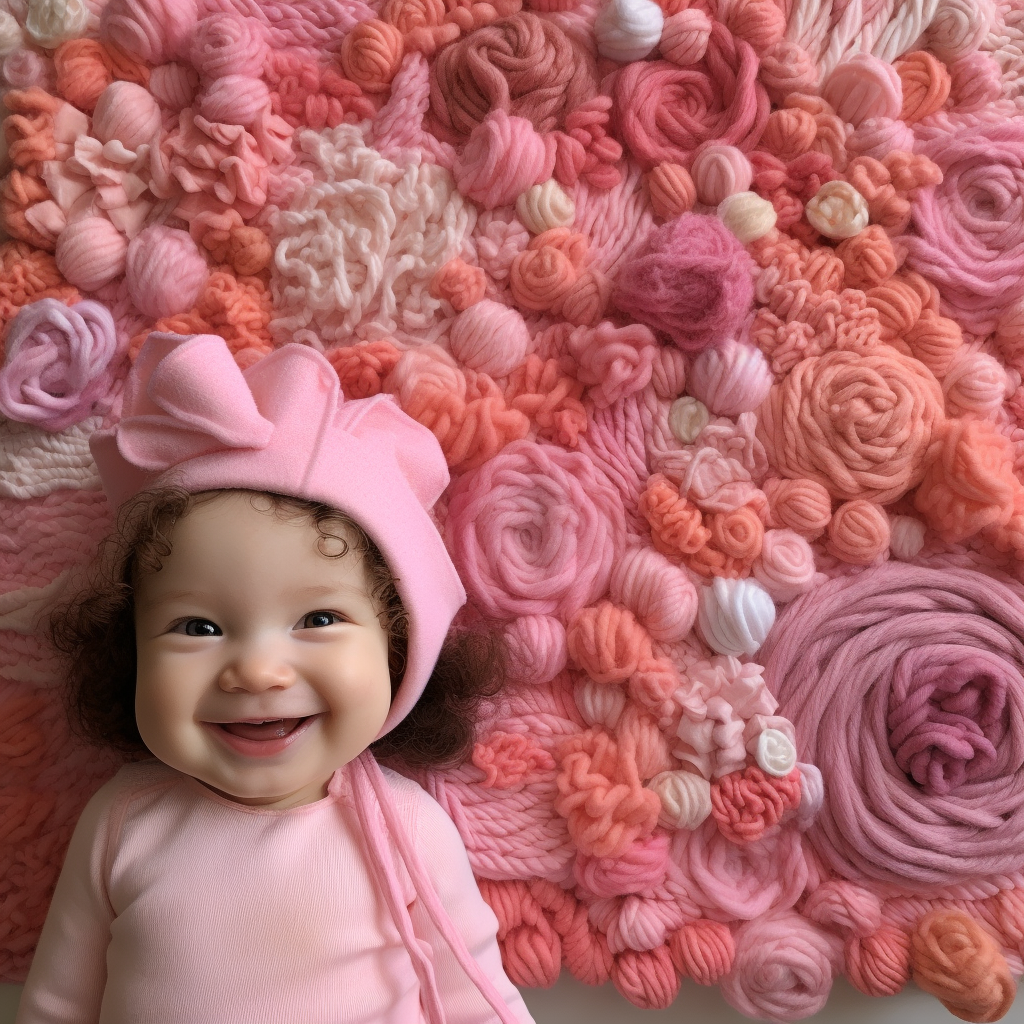 Adorable yarn baby girl in pink clothes