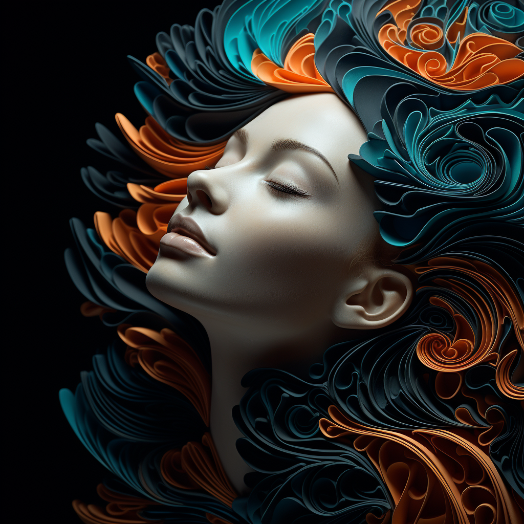 Happy abstract female face with fractals on plain background