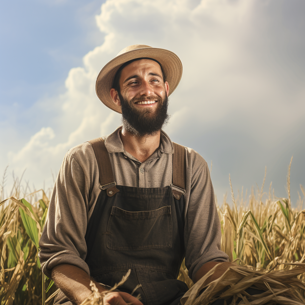 Smiling Amish farmer working in the field