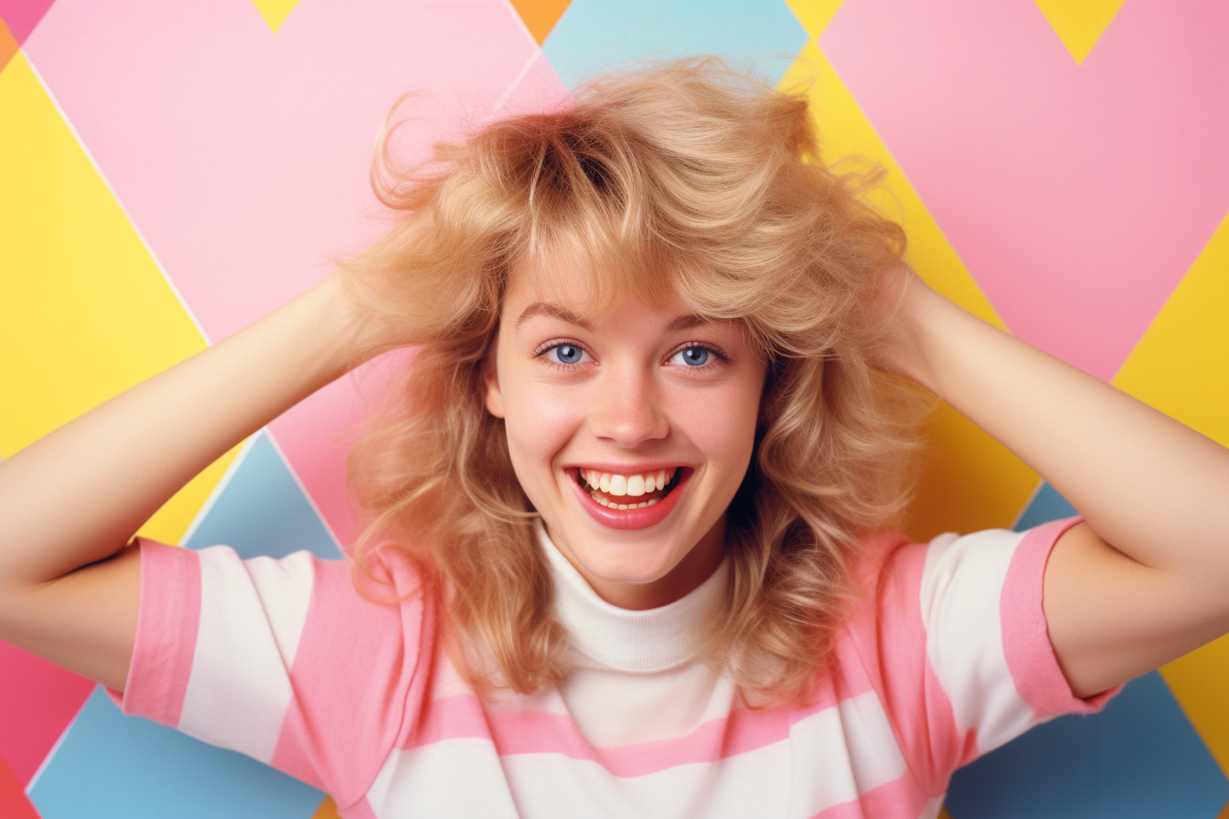 Blonde woman in 1980s style, looking happy