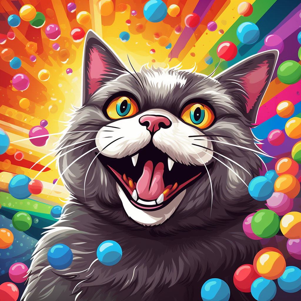 Happy cat roaring in colourful wool ball background