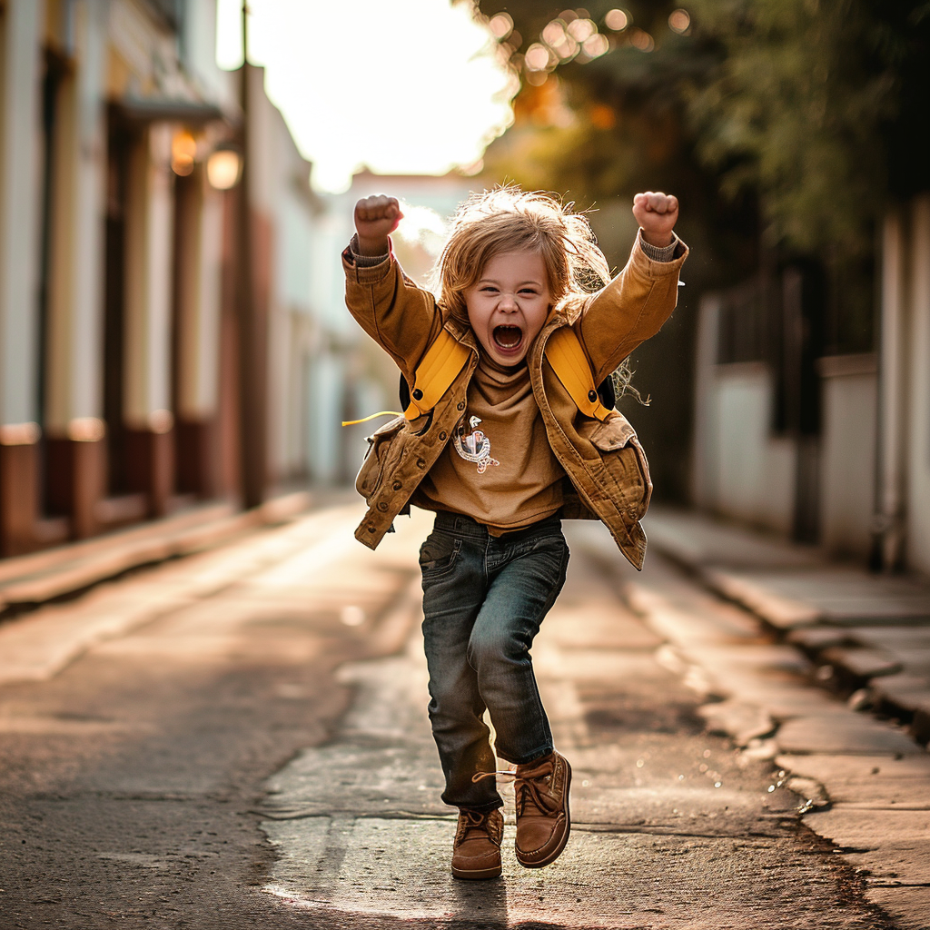 Child running out of school punching the air with joy