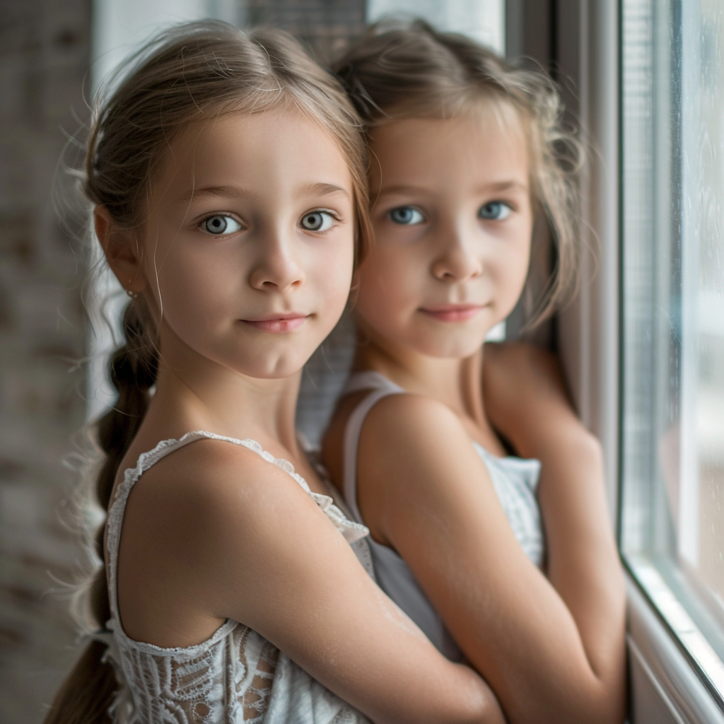 Children dance poses by window