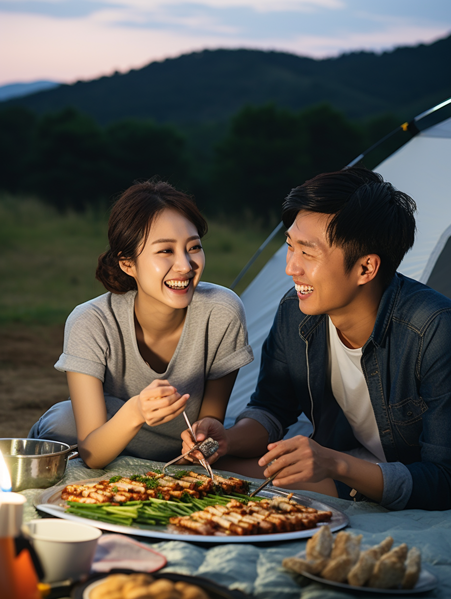 Happy young Chinese couple camping