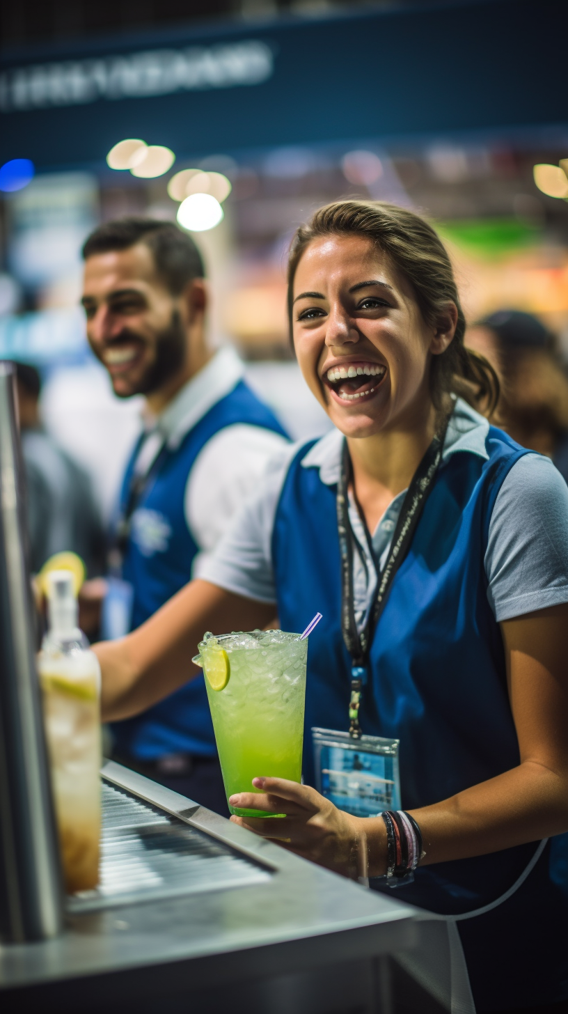 Smiling concessions worker serving cocktail to customer