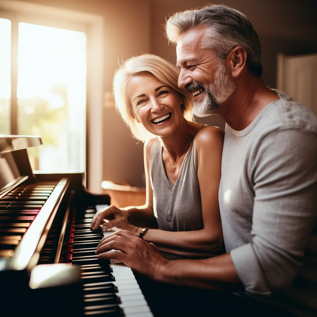 Joyful couple playing piano with music sheets