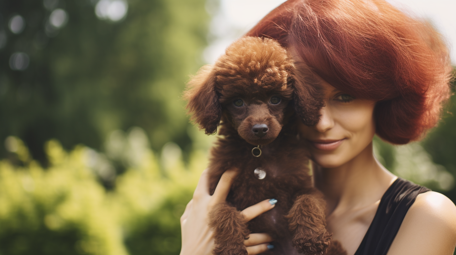 Happy Danish Woman with Miniature Poodle outside