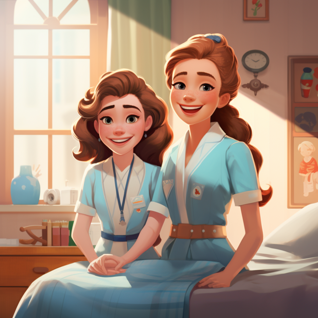 Two joyful nurses in Disney Pixar style