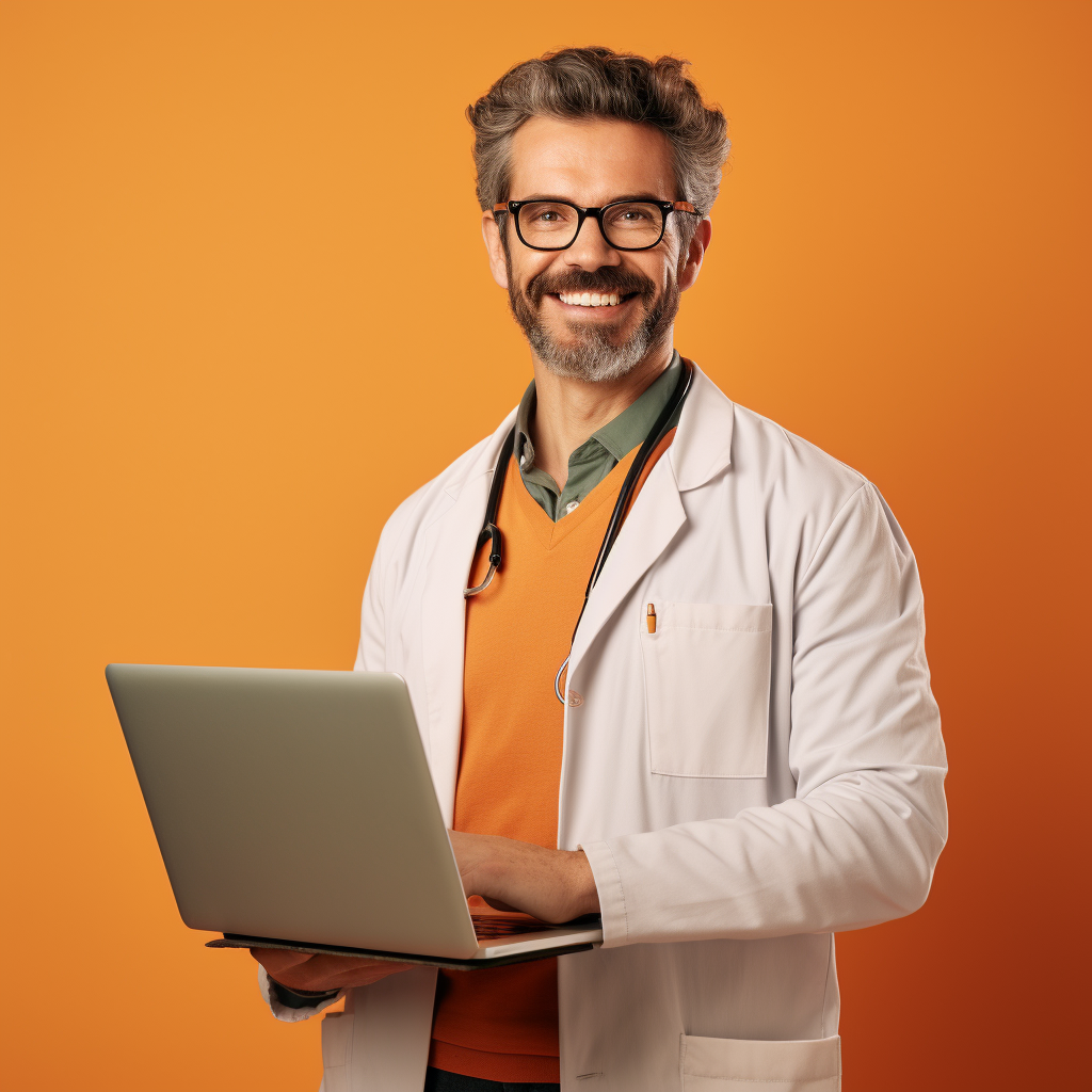 Smiling doctor holding a MacBook