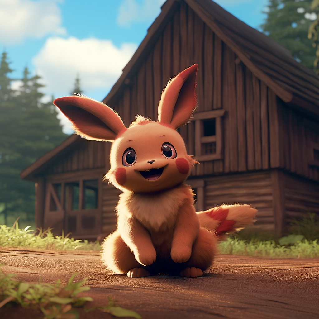 Smiling Eevee in front of a red cabin