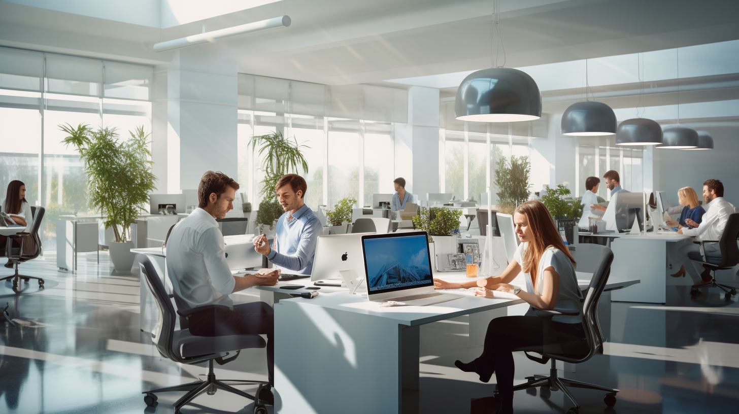 Happy employees collaborating in bright white office