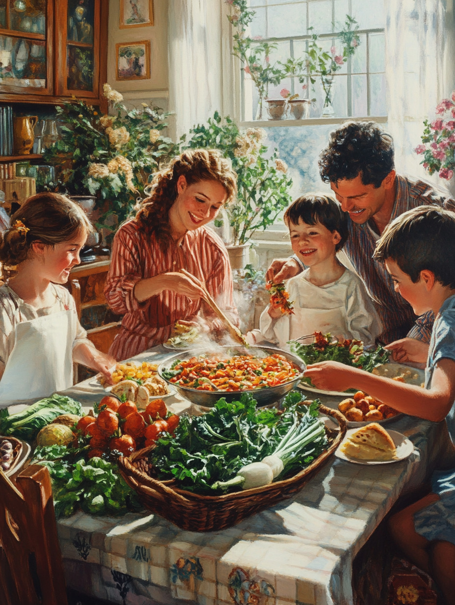 Family enjoying vegetable meal together