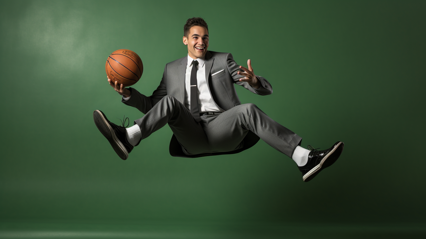 Latin father with paper basketball ball on green background