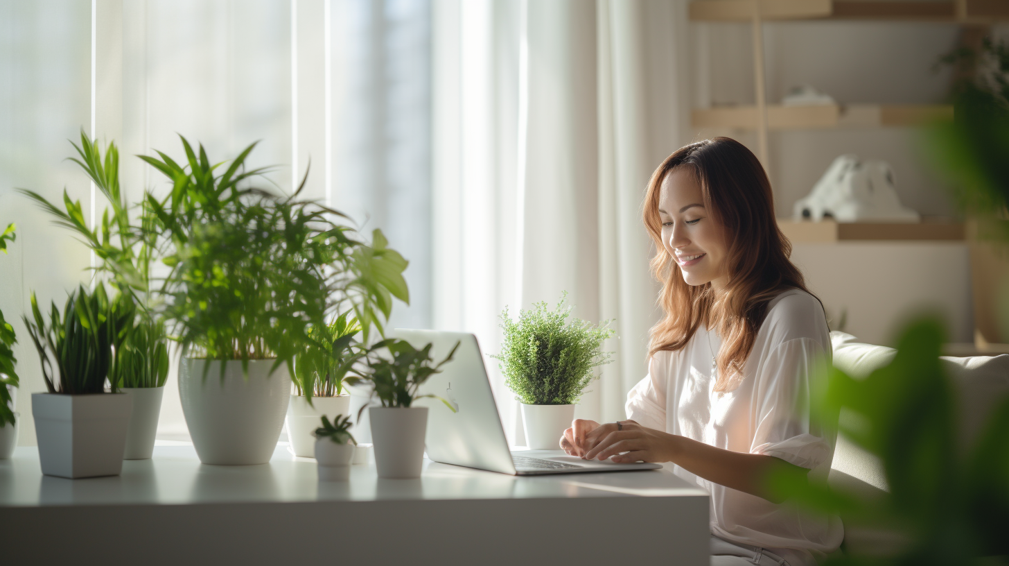 Smiling girl talking to AI virtual teacher