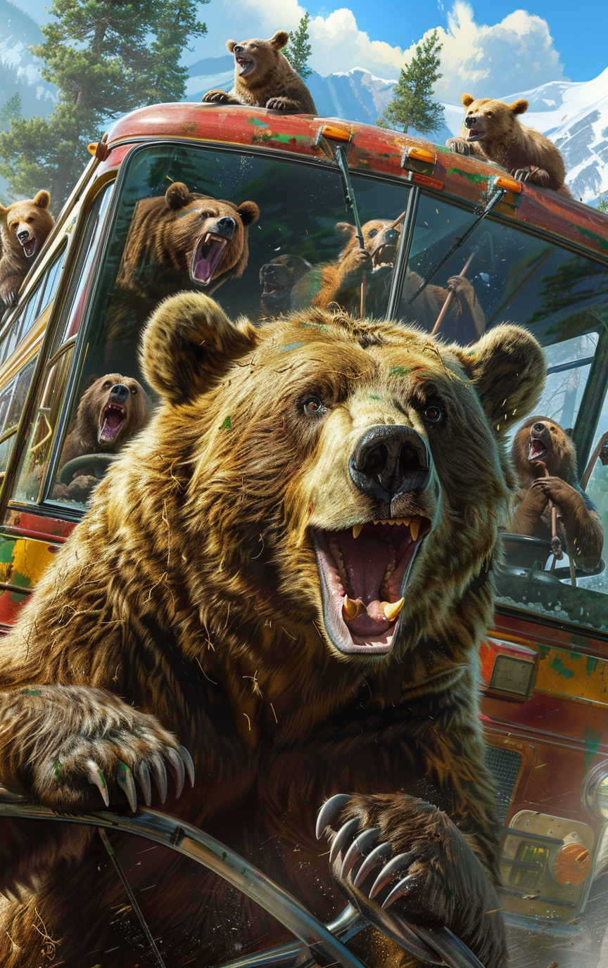 Happy grizzly bear driving party bus