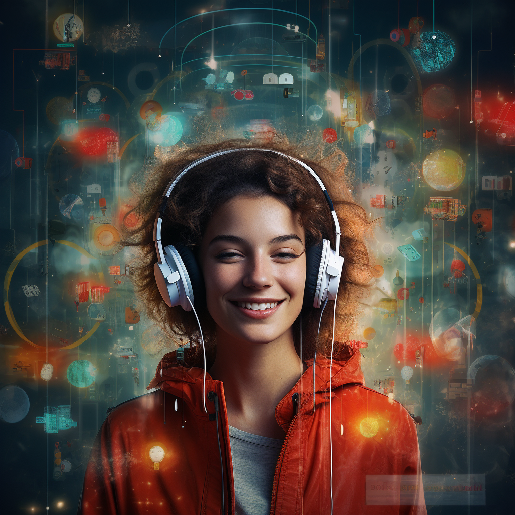 Happy woman with headphones immersed in music