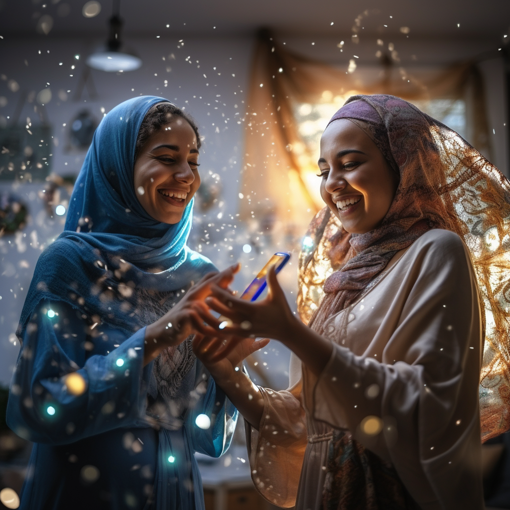 Two happy headscarf girls dancing