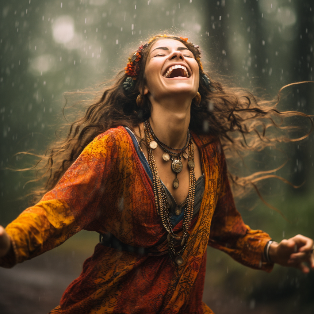 Happy hippie woman dancing in rain