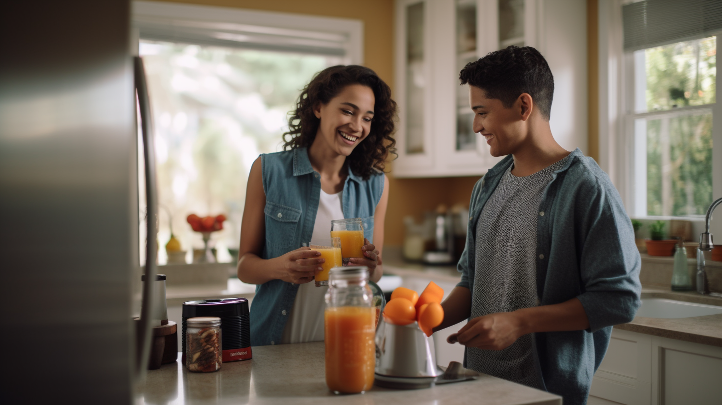 Hispanic mom serving juice to her son