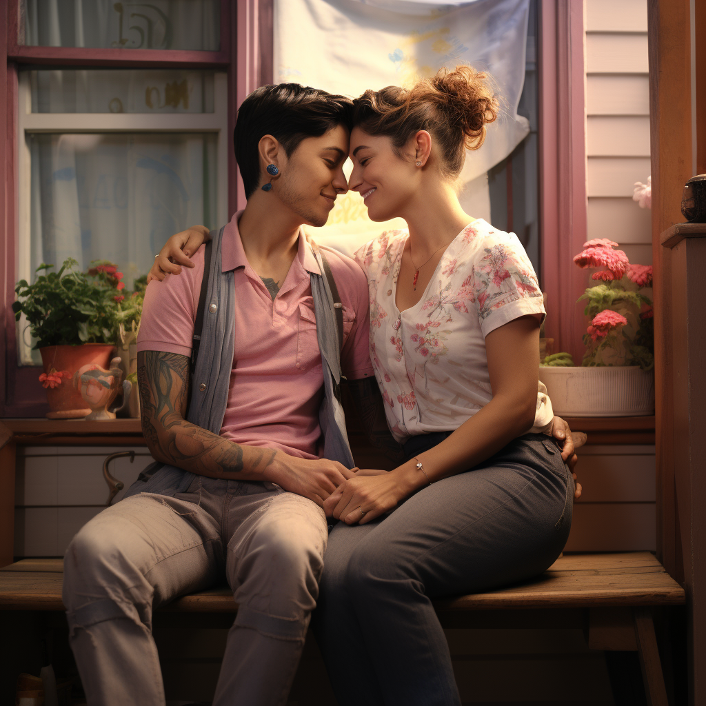 Smiling lesbian couple enjoying time on porch bench