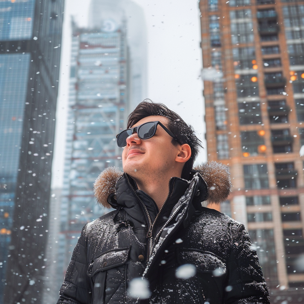 Happy man in snow skyscrapers