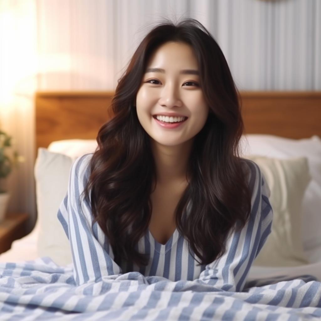 Happy Korean woman receiving notification on bed