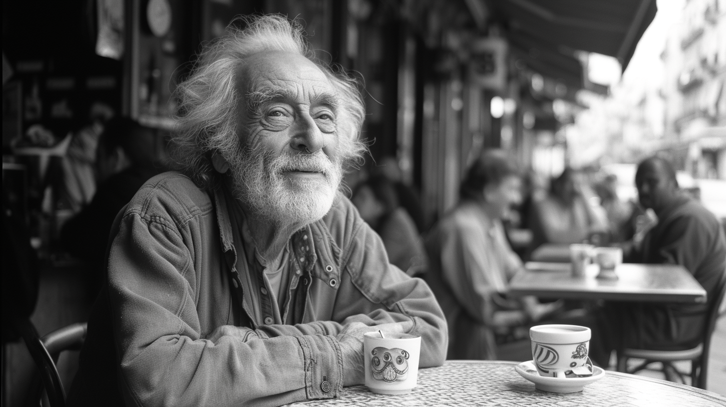 Happy old Napoli street friends talking and drinking coffee