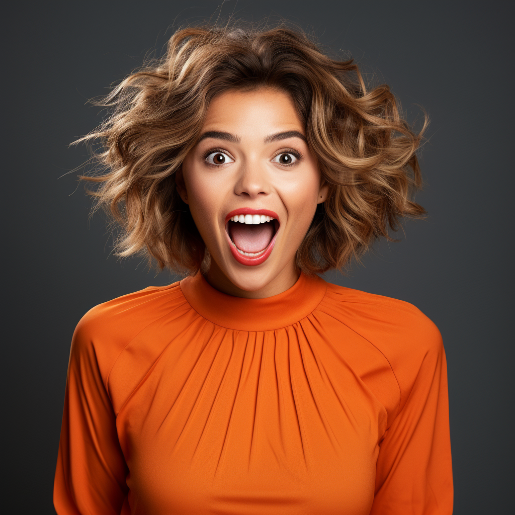 Happy woman in orange blouse with promotion