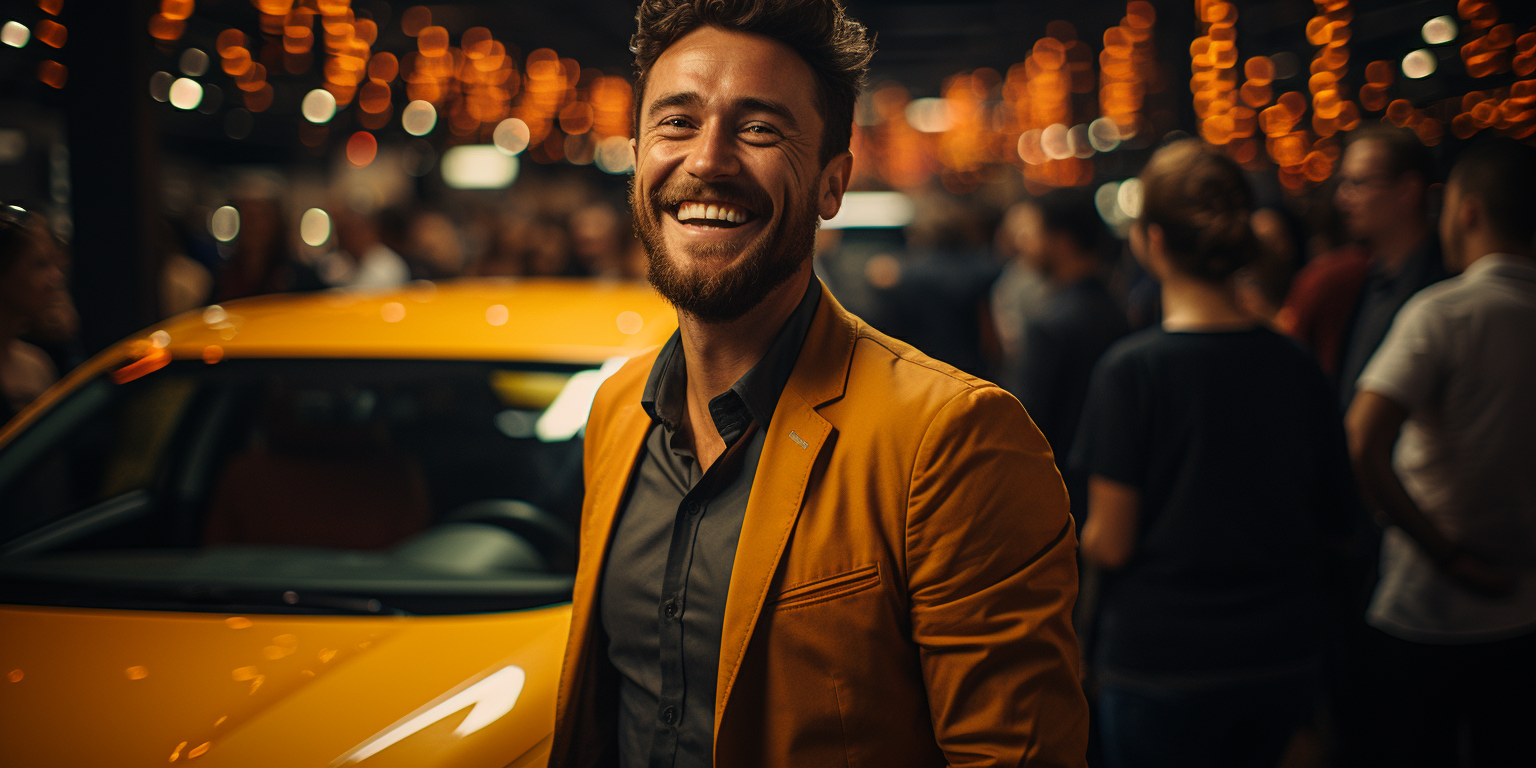 Happy salesman with yellow car at exhibition