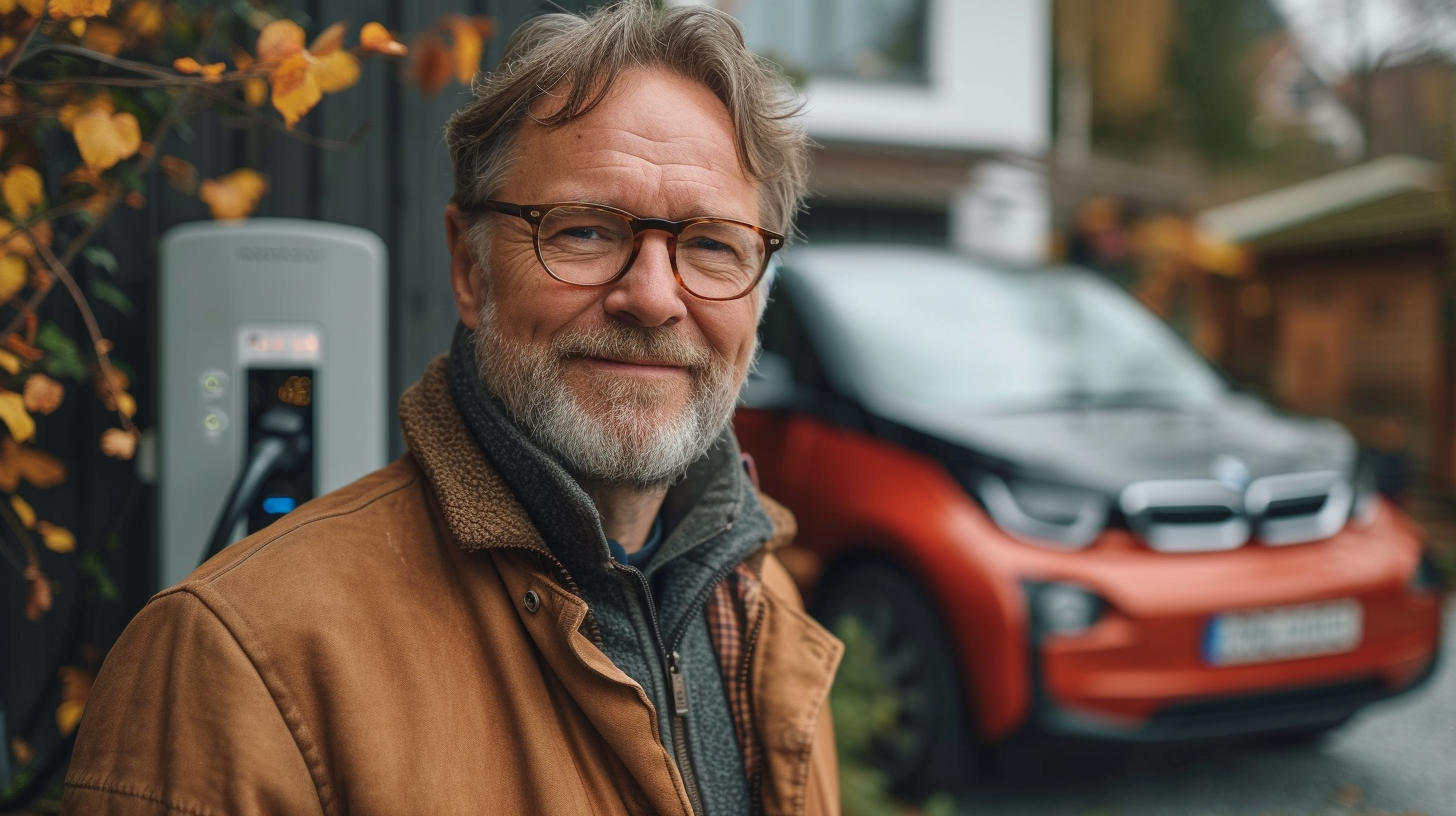 Happy smiling man plugging in cable in front of garage