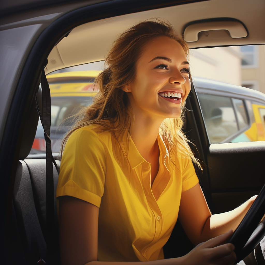 Happy woman inside a taxi