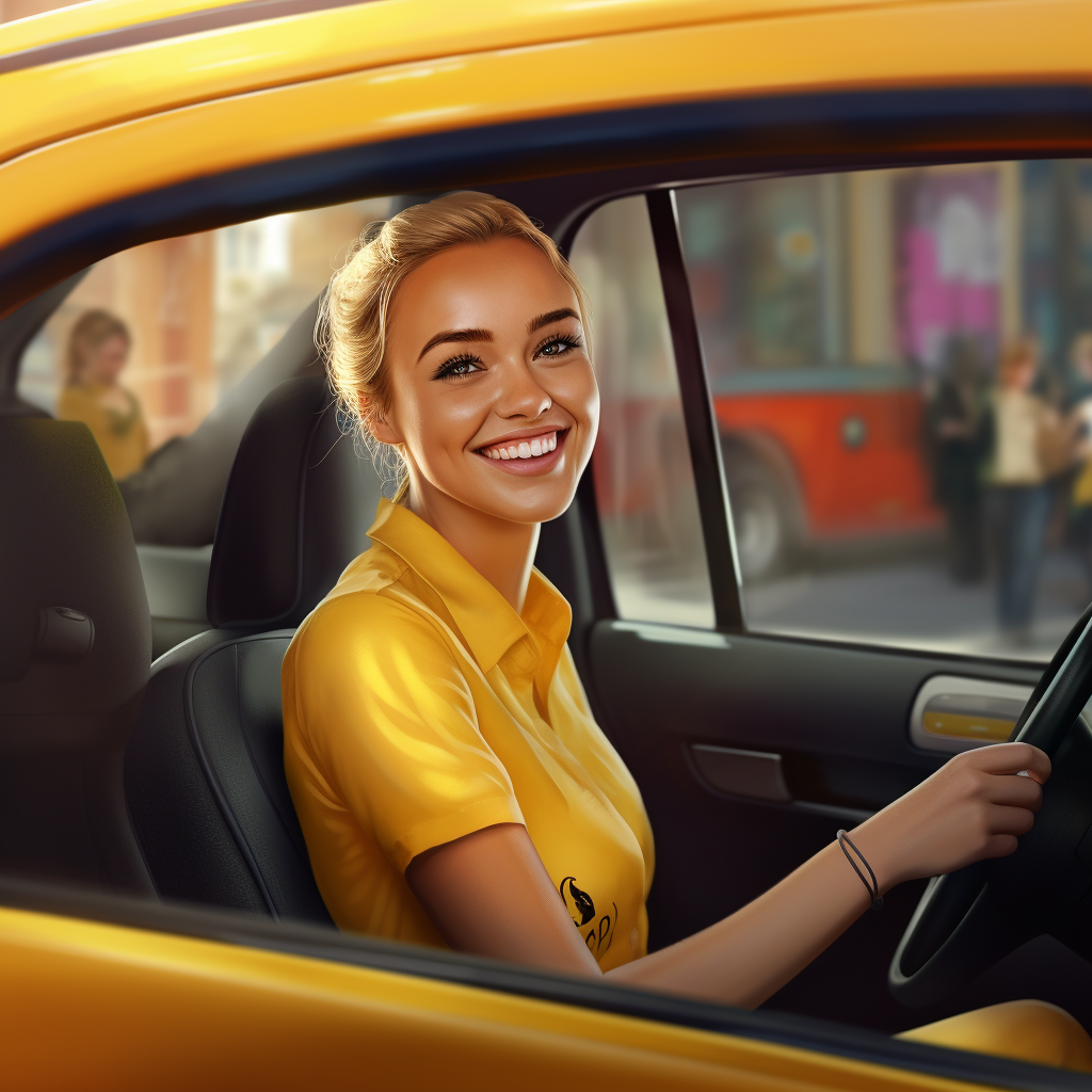 Smiling European woman passenger in a taxi