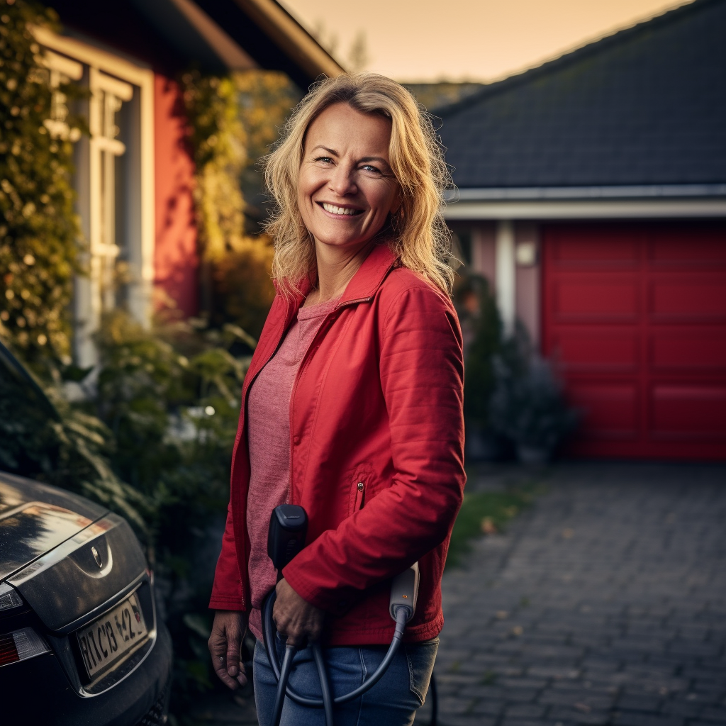 Smiling woman plugging in electric wallbox