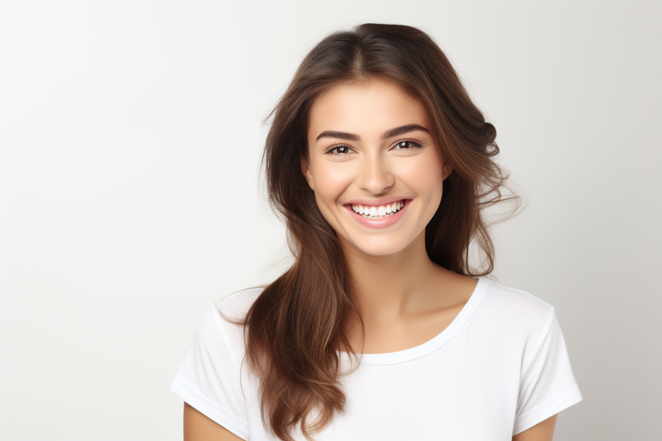 Happy woman in white shirt smiling