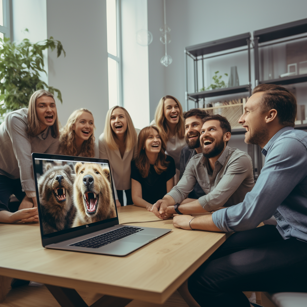 Happy team watching video in bright office