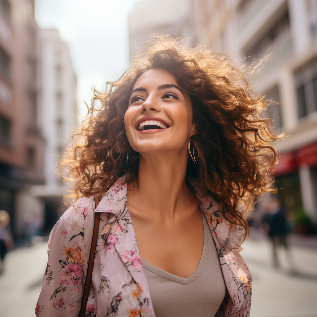 Woman walking in city with excitement