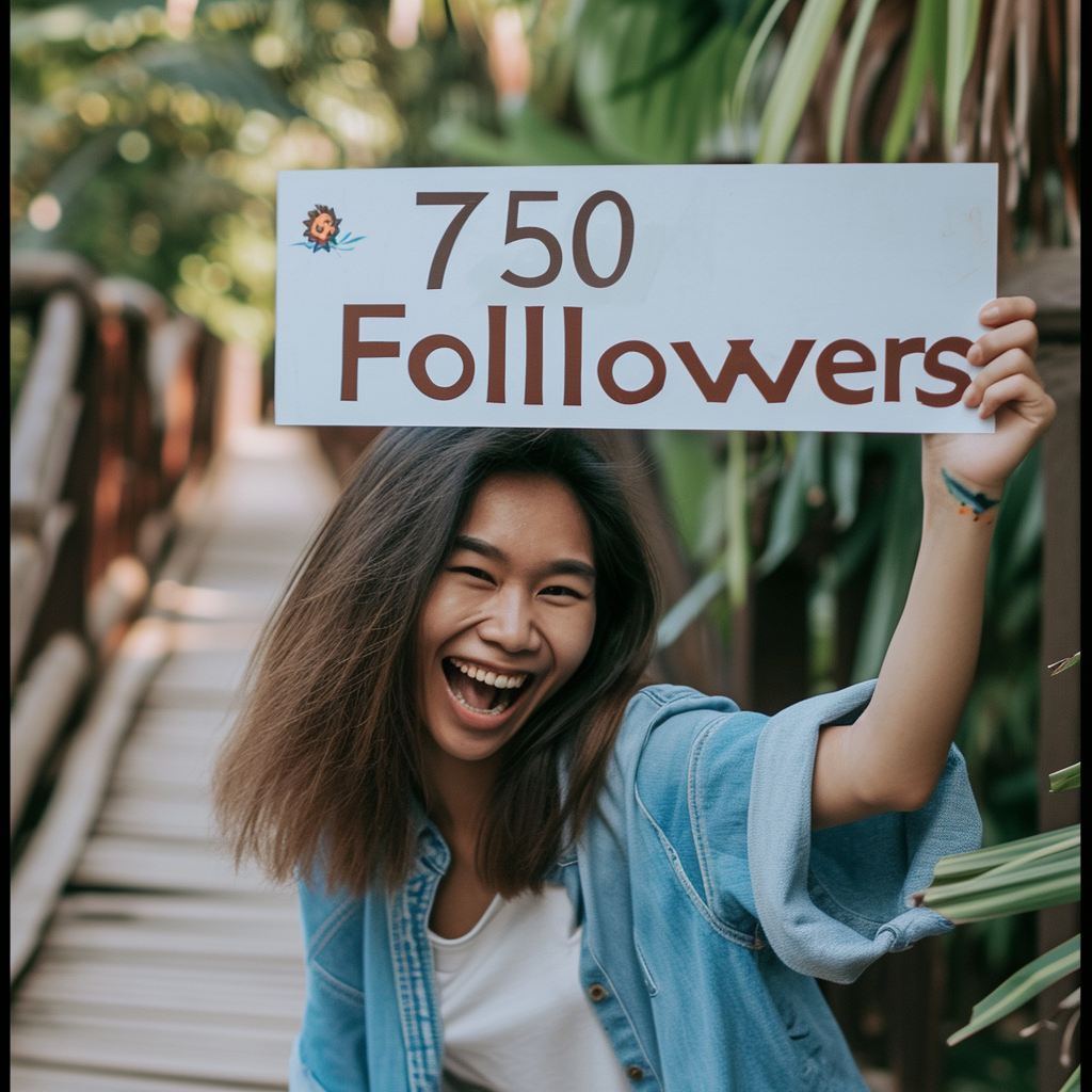 Smiling woman with '750 Followers' sign