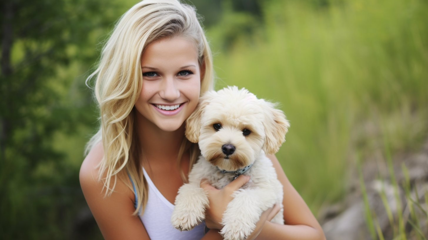 Happy woman with cute poodle puppy outside