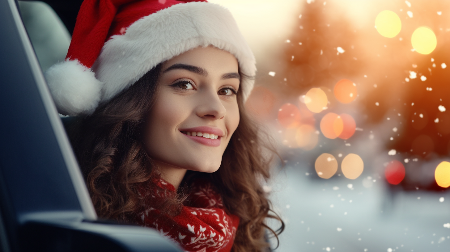 Happy woman driving car in Santa Claus hat