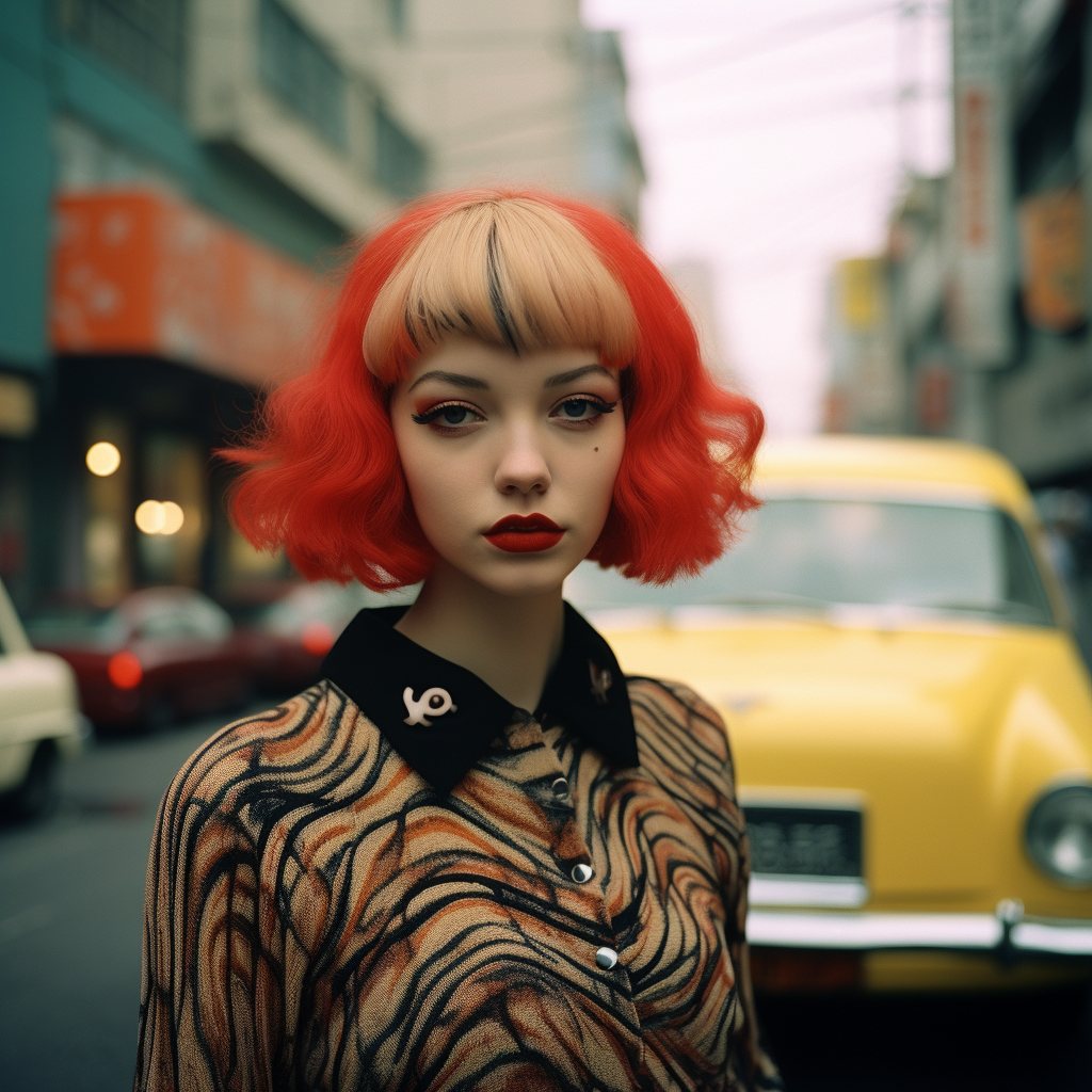 Smiling woman in street wearing pop art outfit