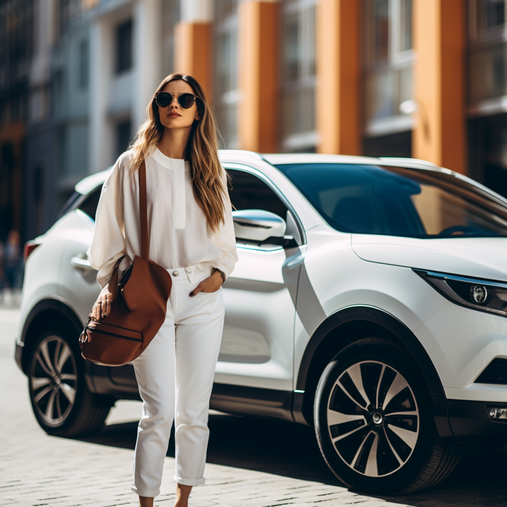 Smiling woman next to white Nissan Qashqai