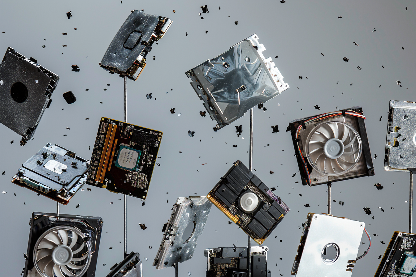 Hard drives balancing on metal rods