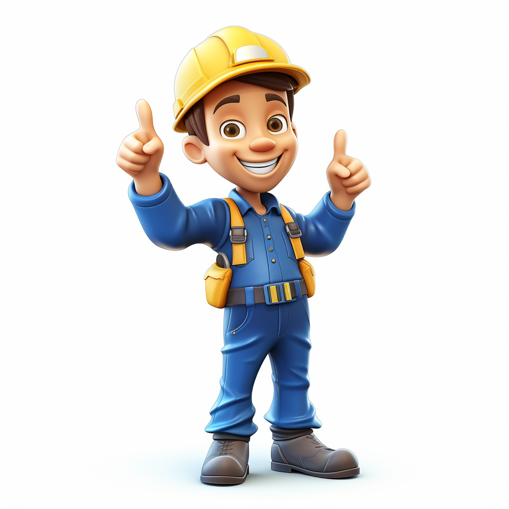 Smiling hardware store worker in blue overalls and yellow helmet