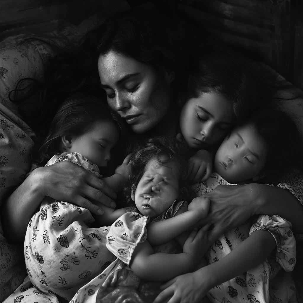 Tired mom with 5 children cuddling up