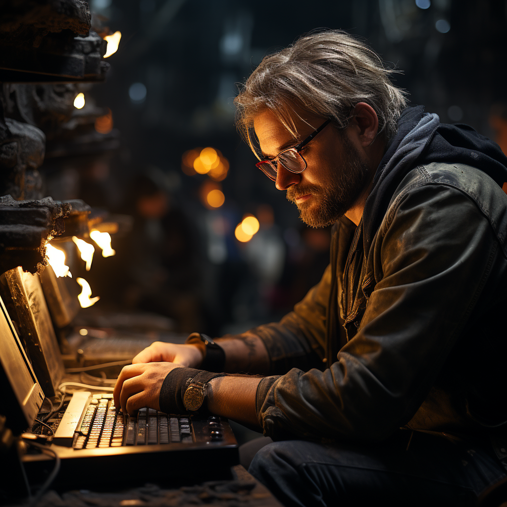 Hardworking man typing in dark industrial mine