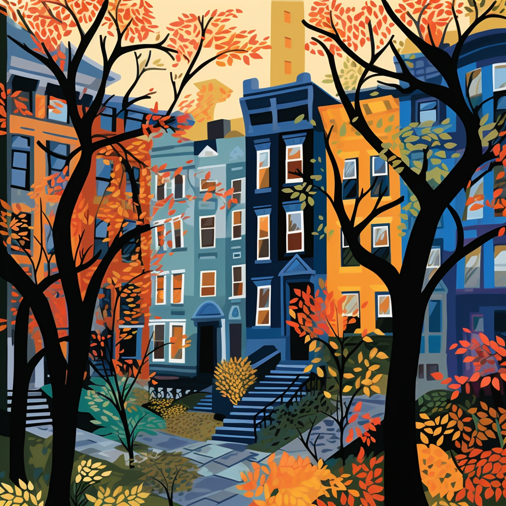 Harlem brownstone NYC trees camouflage repeat pattern