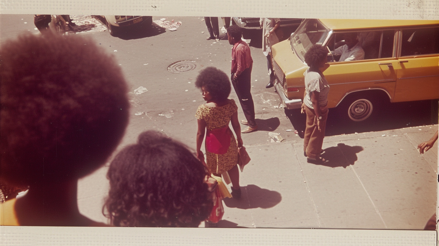 Vintage Harlem street scene with people on the sidewalk