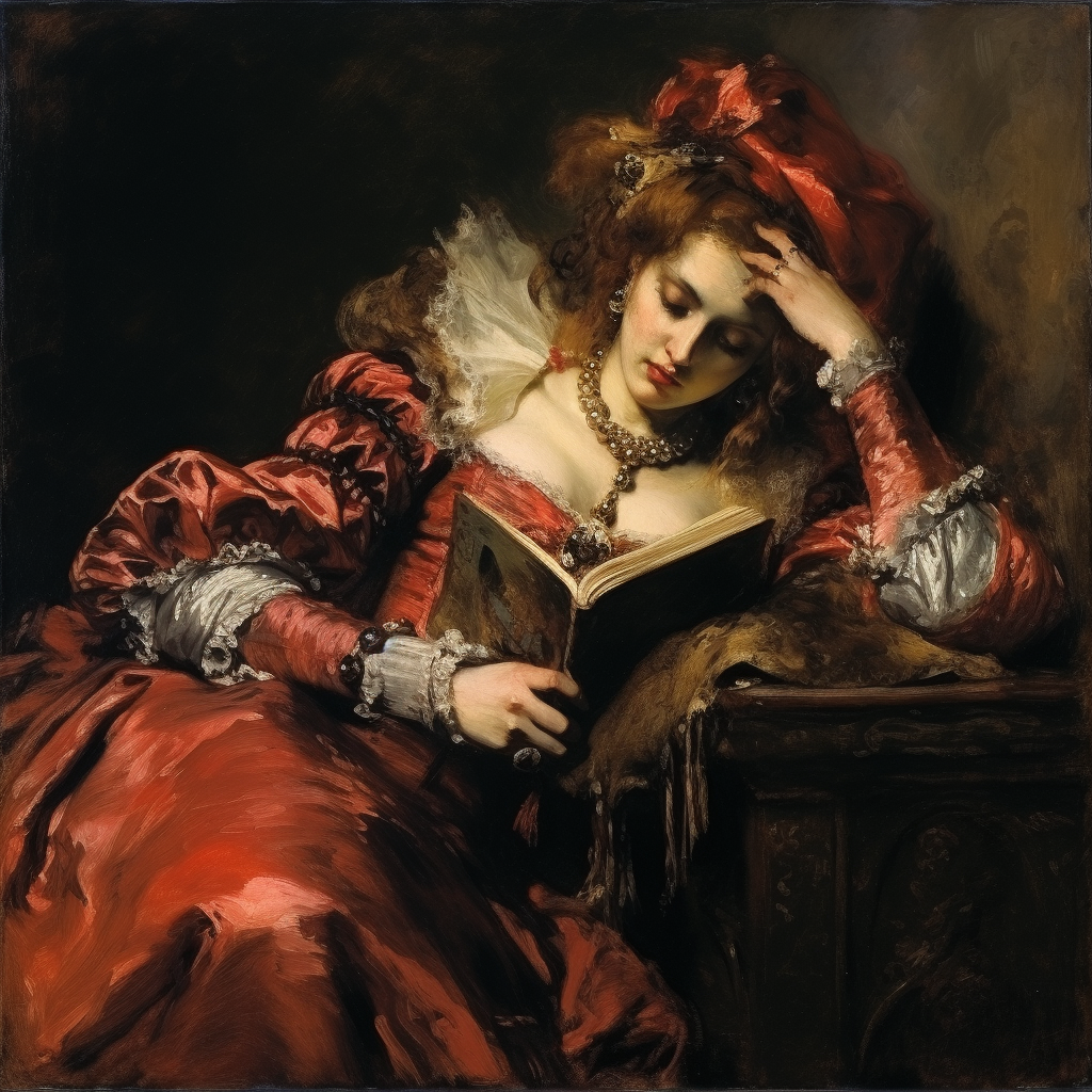 Harlequin woman reading a book